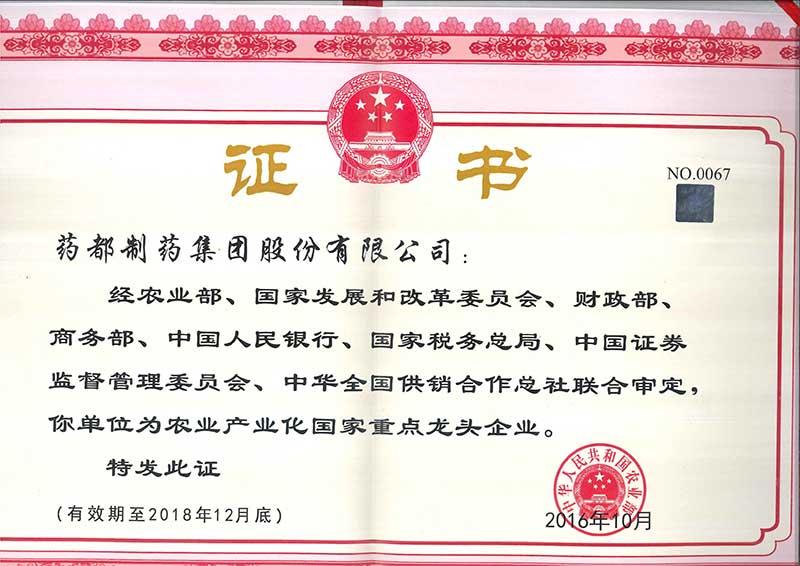 藥都制藥集團(tuán)被評(píng)為國(guó)家級(jí)、省級(jí)農(nóng)業(yè)產(chǎn)業(yè)化重點(diǎn)龍頭企業(yè)